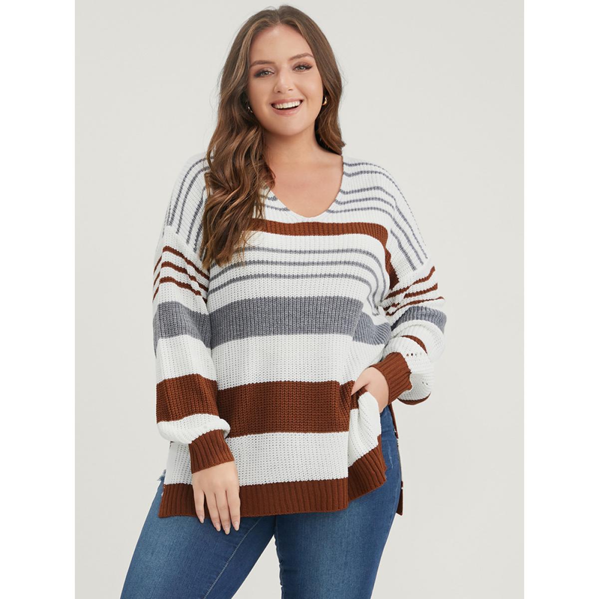 Plus Size Striped Contrast Pointelle Knit Split Hem Knit Top Multicolor Women Casual Loose Long Sleeve V-neck Dailywear Pullovers BloomChic 14-16/1X Product Image