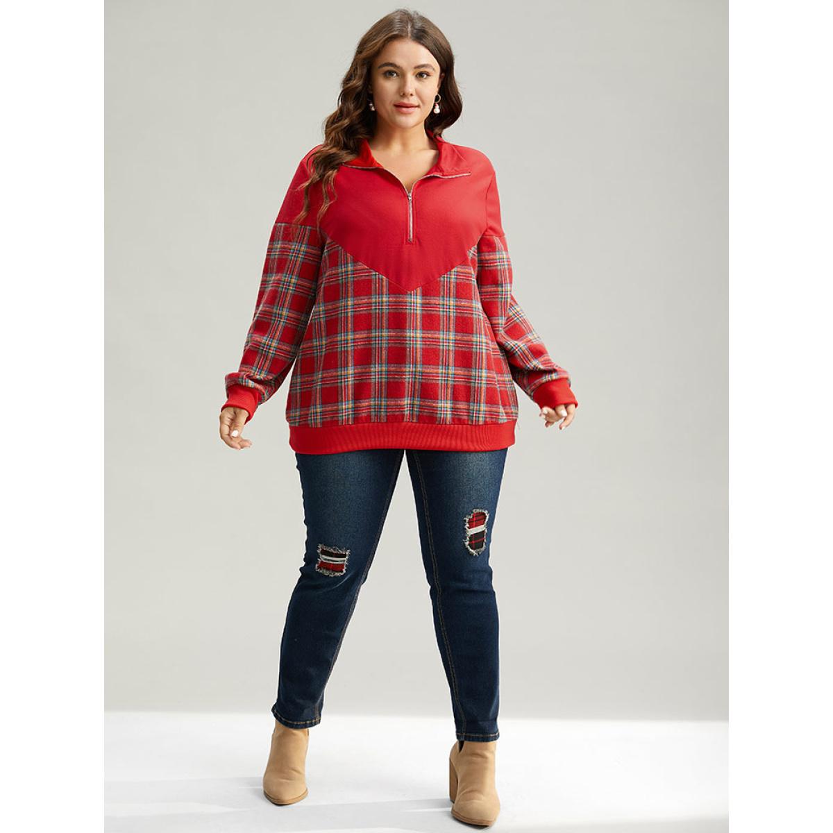 Plus Size Plaid Patchwork Zipper Lapel Collar Sweatshirt Women Red Casual Elastic cuffs Lapel Collar Festival-Christmas Sweatshirts BloomChic 14-16/1X Product Image