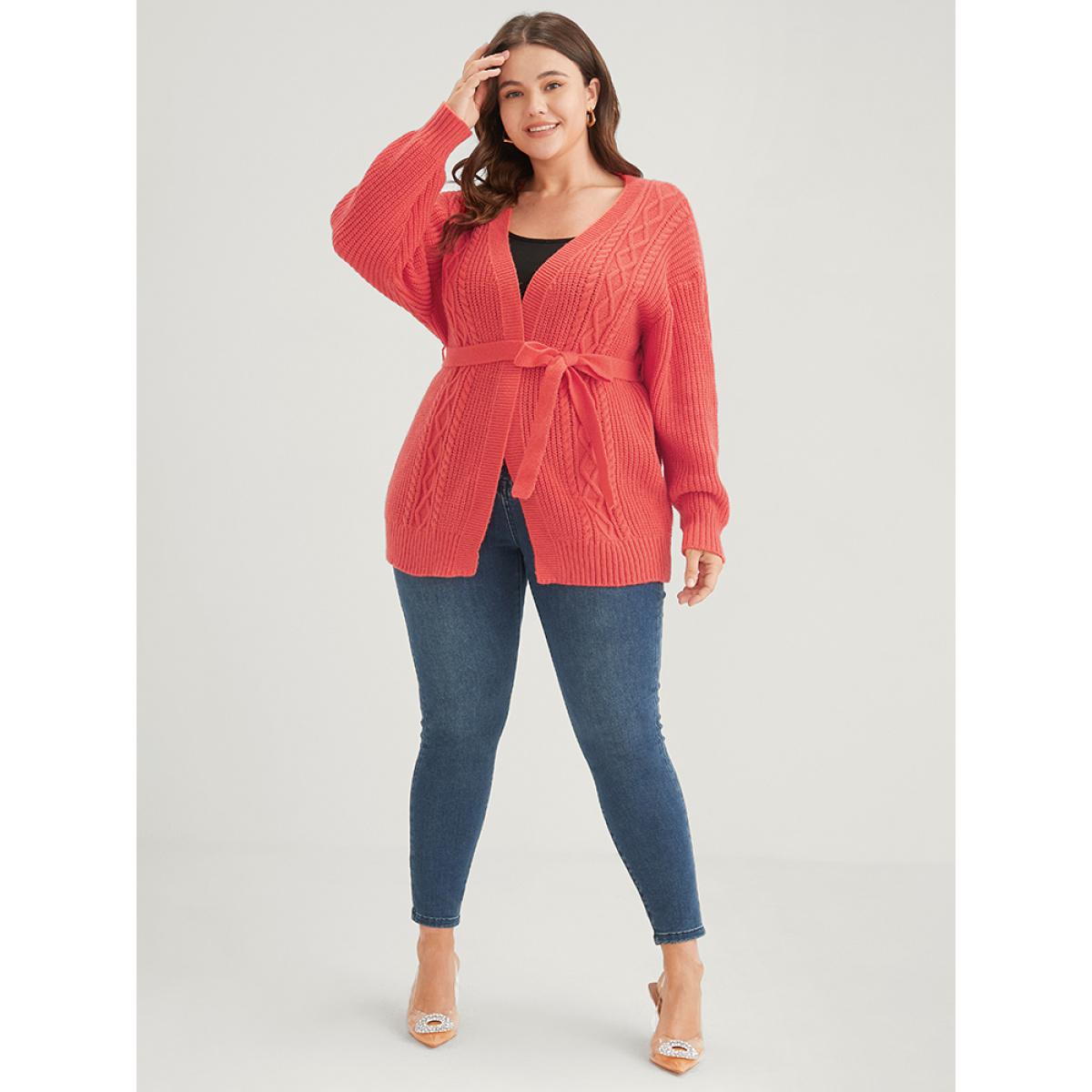 Plus Size Plain Pointelle Knit Geometric Eyelet Belted Open Front Cardigan OrangeRed Women Elegant Loose Long Sleeve Dailywear Cardigans BloomChic 28/5X Product Image