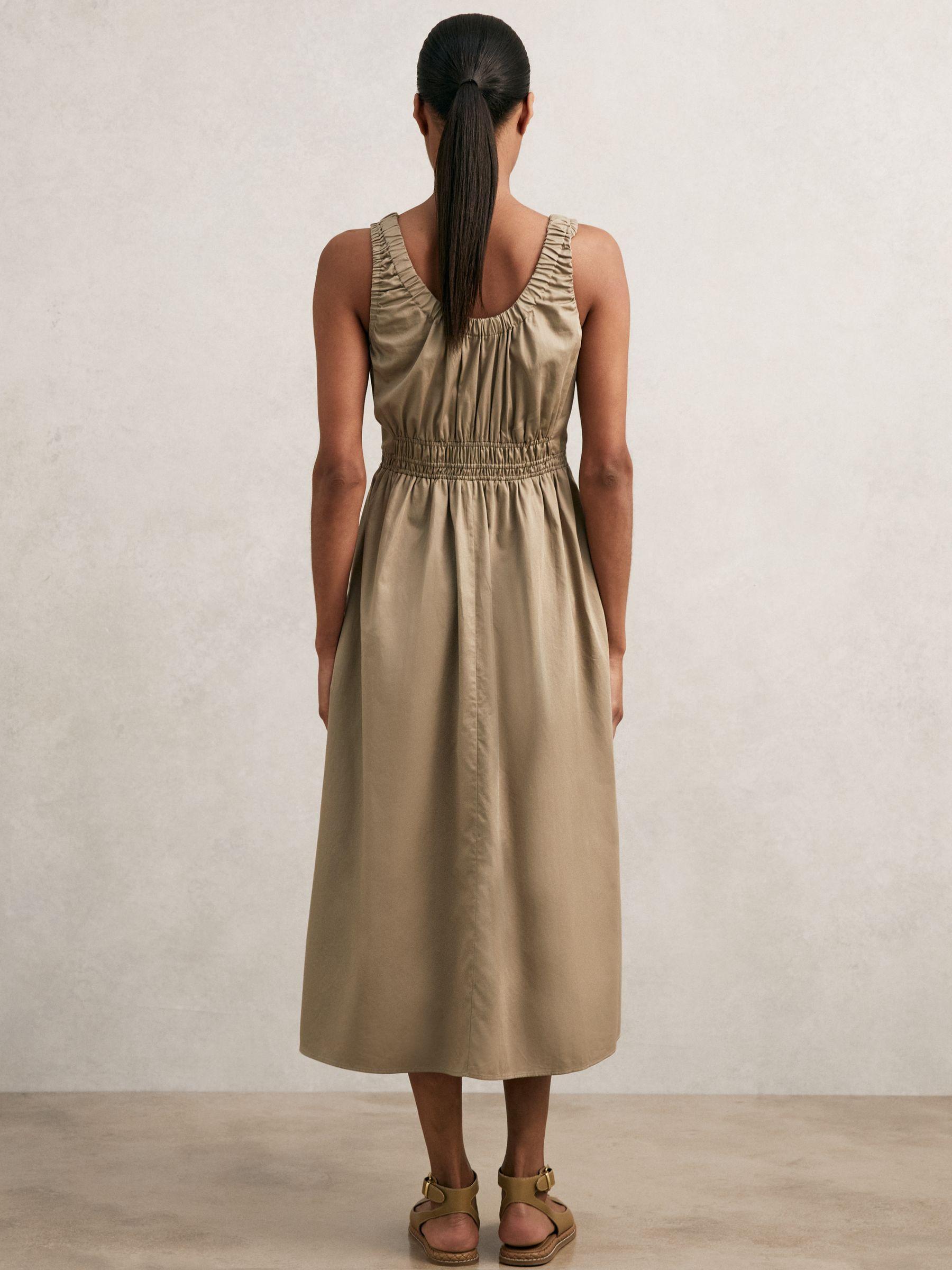 Cotton Craft-Stitch Shirred Midi Dress in Khaki Product Image