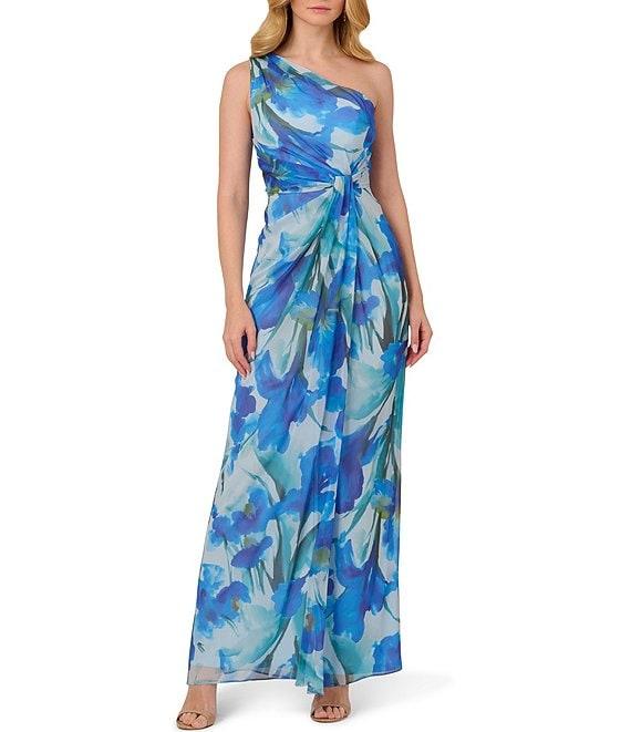 Adrianna Papell One Shoulder Sleeveless Floral Chiffon Drape Waist Sheath Gown Product Image