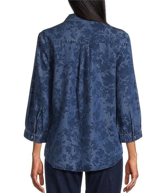 Allison Daley Fresh Floral Print 3/4 Sleeve Point Collar Button Front Lyocell Blouse Product Image