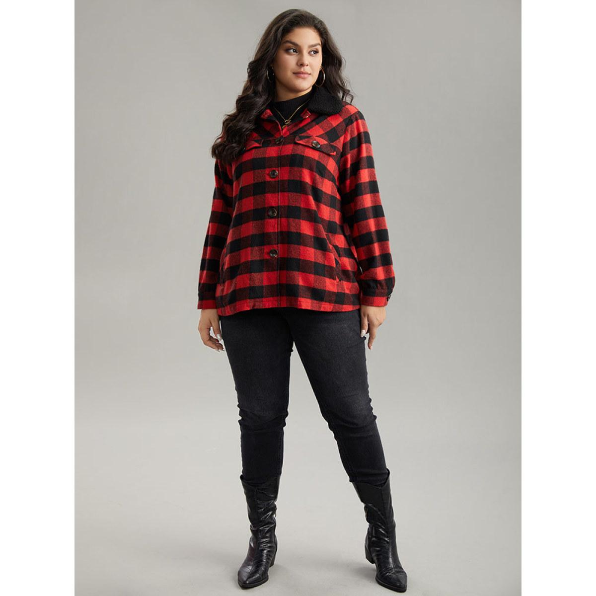 Plus Size Plaid Button Through Patchwork Contrast Shacket Women Red Casual Contrast Ladies Dailywear Winter Coats BloomChic 22-24/3X Product Image