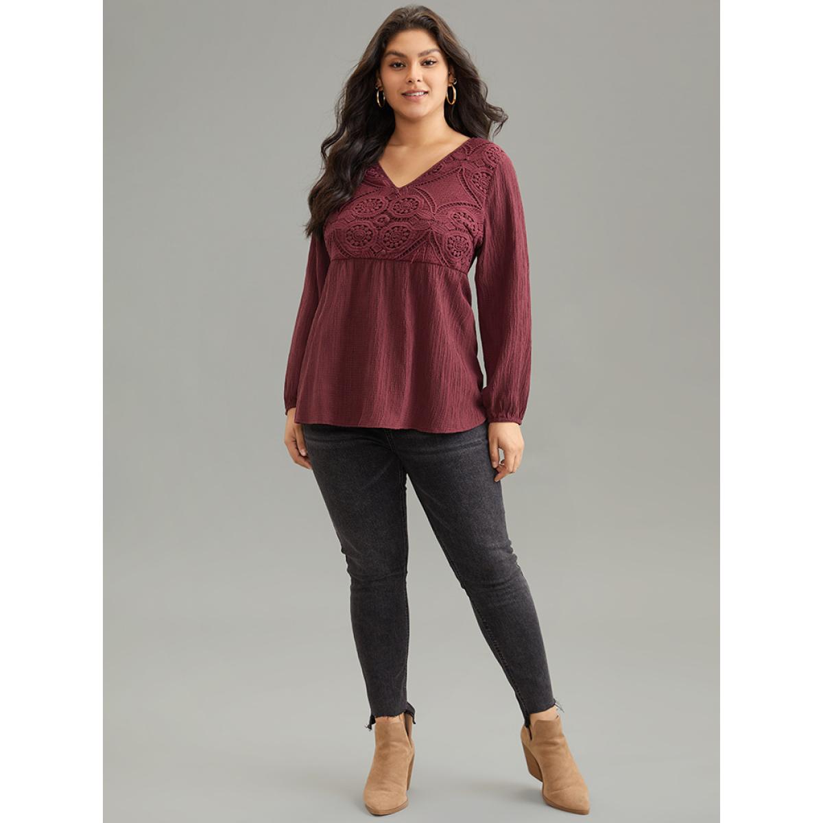 Plus Size Burgundy Solid Crochet Lace Button Detail Blouse Women Elegant Long Sleeve V-neck Dailywear Blouses BloomChic 12/L Product Image