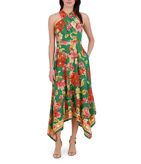 Vince Camuto Floral Print Halter Neckline Sleeveless High-Low Midi A-Line Dress Product Image