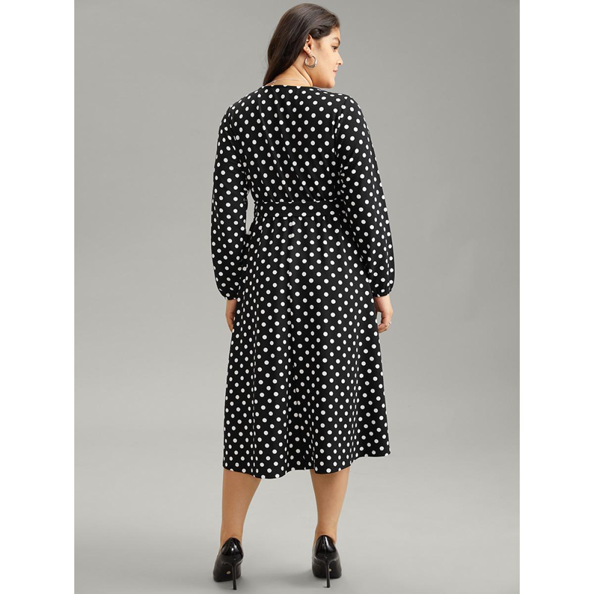 Plus Size Polka Dot Lantern Sleeve Belted Button Detail Dress Black Women Office Elastic cuffs V-neck Long Sleeve Curvy Midi Dress BloomChic 28/5X Product Image