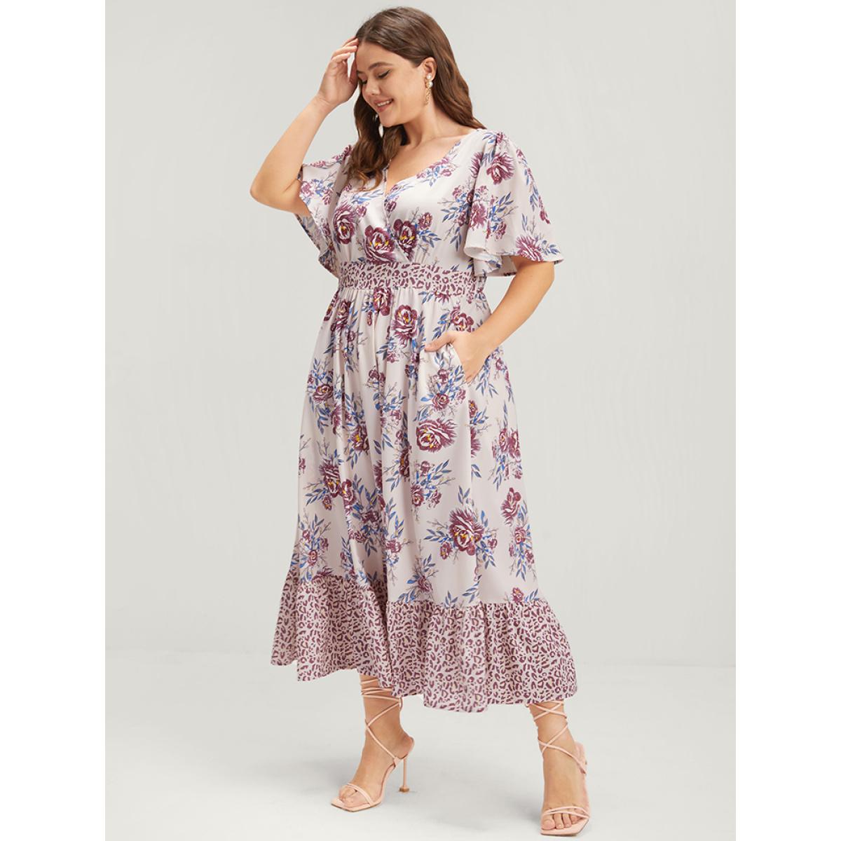 Plus Size Floral Pocket Button Ruffles Wrap Maxi Dress Watermelon Women Elegant Gathered V-neck Short sleeve Curvy Long Dress BloomChic 30/6X Product Image