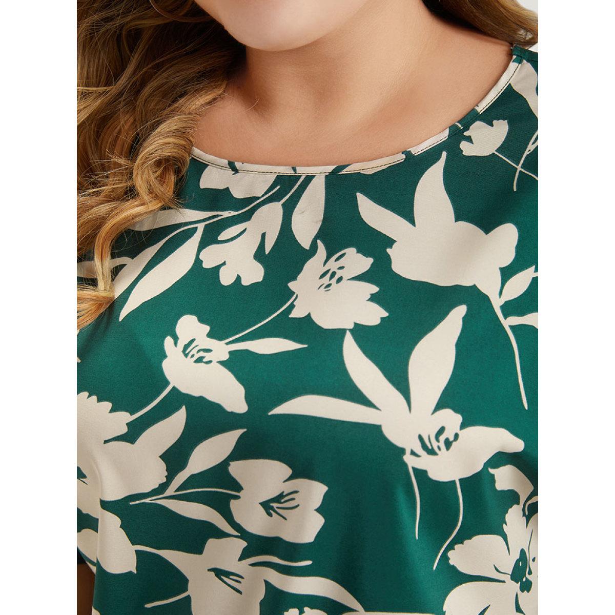 Plus Size Silhouette Floral Print Knotted Cut Out Round Neck Bodysuit Women Cyan Silhouette Floral Print Printed Bodysuits BloomChic 30/6X Product Image