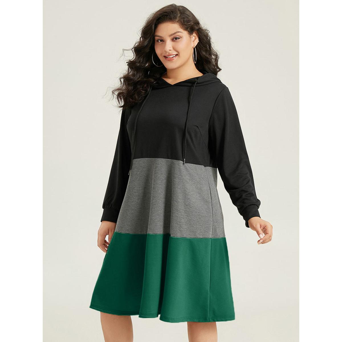 Plus Size Colorblock Contrast Hooded Drawstring Dress Scarlet Women Casual Contrast Hooded Long Sleeve Curvy Midi Dress BloomChic 30/6X Product Image
