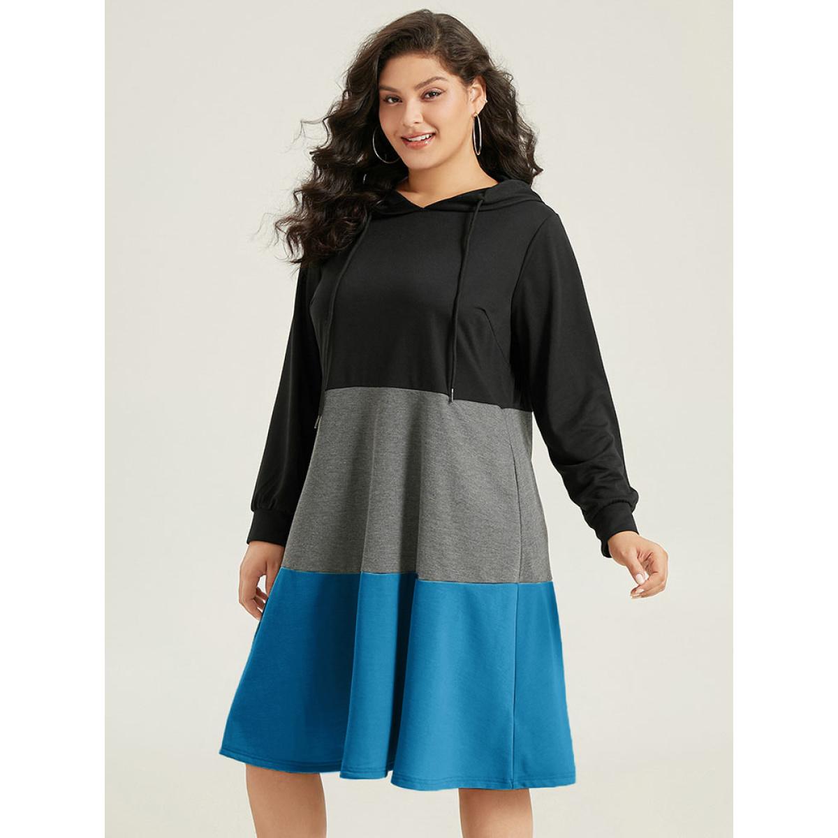 Plus Size Colorblock Contrast Hooded Drawstring Dress Scarlet Women Casual Contrast Hooded Long Sleeve Curvy Midi Dress BloomChic 30/6X Product Image