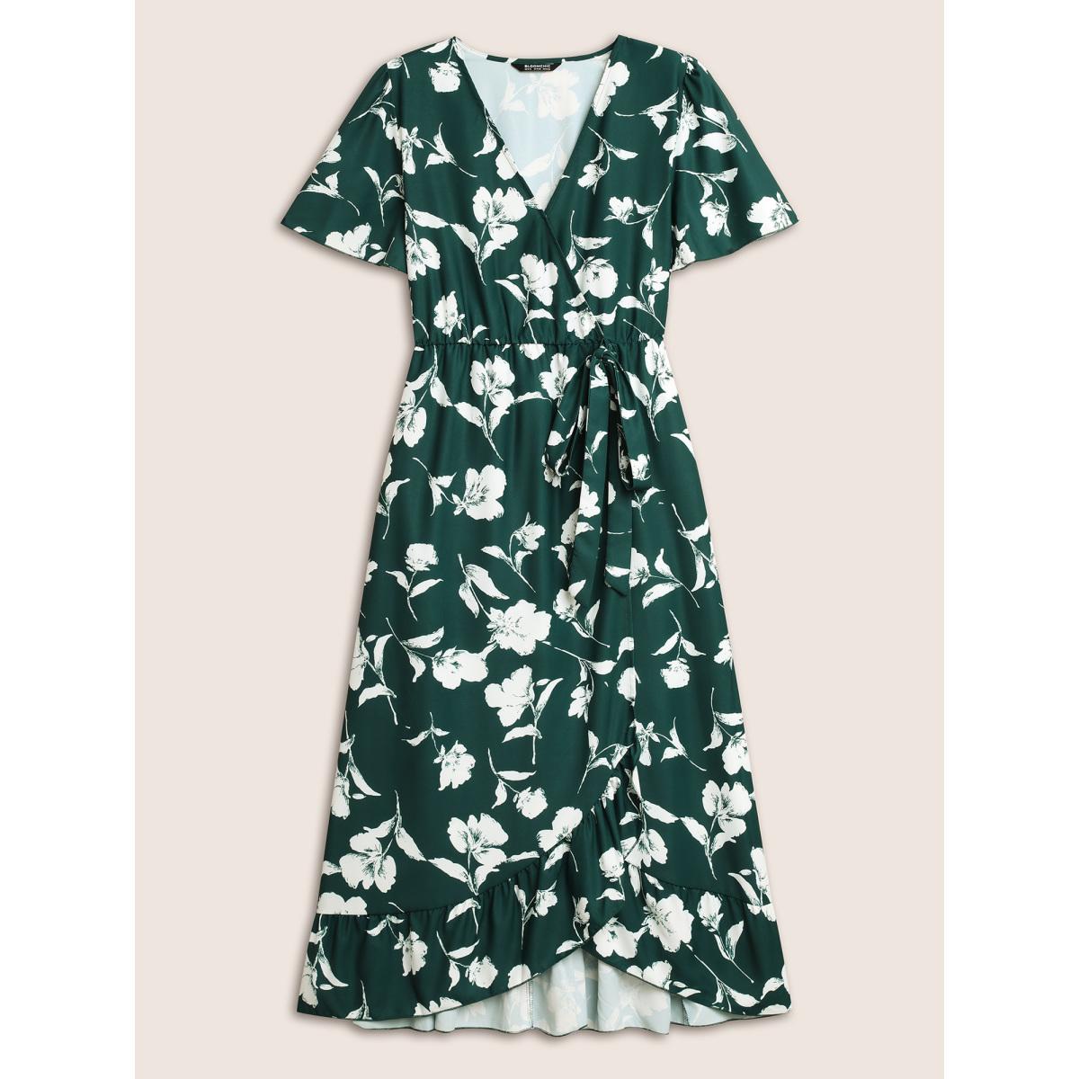 Plus Size Floral Ruffle Knot Side Wrap Dress DarkGreen Women Elegant Ruffles V-neck Short sleeve Curvy Midi Dress BloomChic 18/2X Product Image