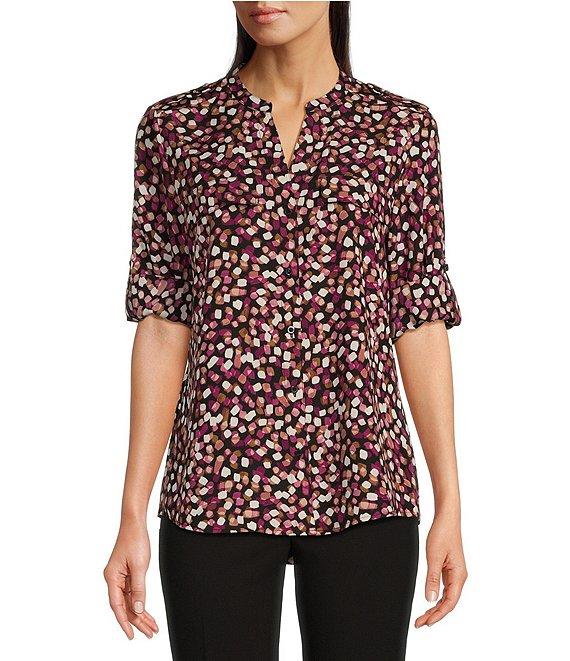 Calvin Klein Abstract Dot Printed Split V-Neckline Roll Tab Long Sleeve Blouse Product Image