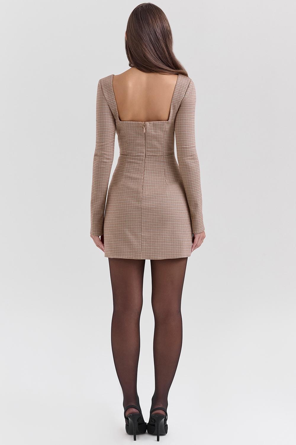 Angelie  brown puppytooth check plunge mini dress - sale Product Image