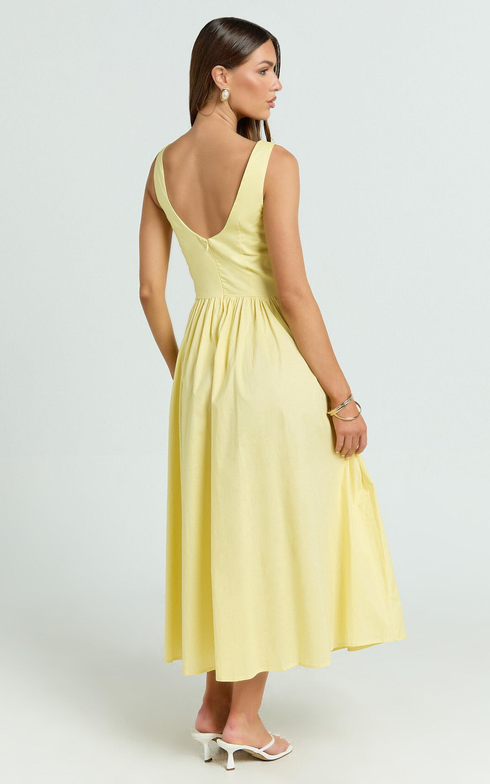 Beckett Midi Dress - Scoop Neck Drop V Waist Gathered Skirt Dress in Butter Yellow Product Image