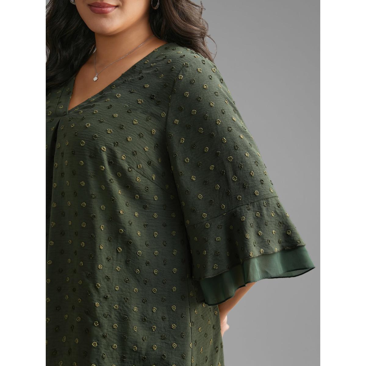 Plus Size ArmyGreen Textured Pleated Tiered Ruffle Sleeve Blouse Women Elegant Elbow-length sleeve V-neck Everyday Blouses BloomChic 18-20/2X Product Image