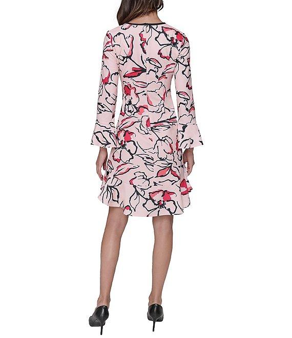 KARL LAGERFELD PARIS Bow Neck Floral Print Scuba Crepe Flounce Hem Sheath Dress Product Image