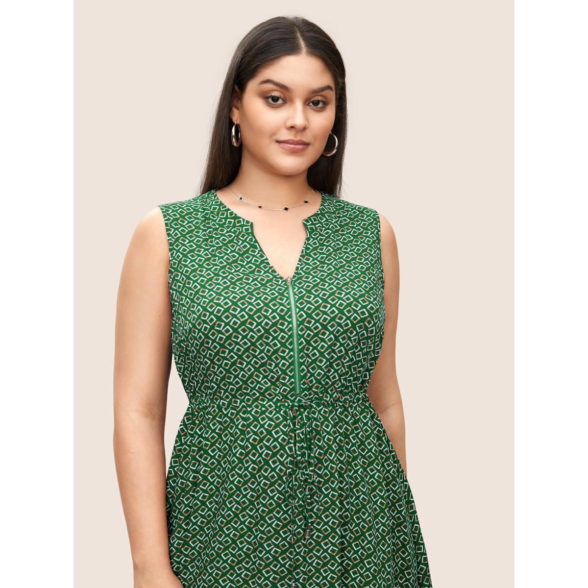 Plus Size Geometric Half Zip Drawstring Arc Hem Dress Teal Women At the Office Drawstring Flat collar with V-notch Sleeveless Curvy BloomChic 30/6X Product Image