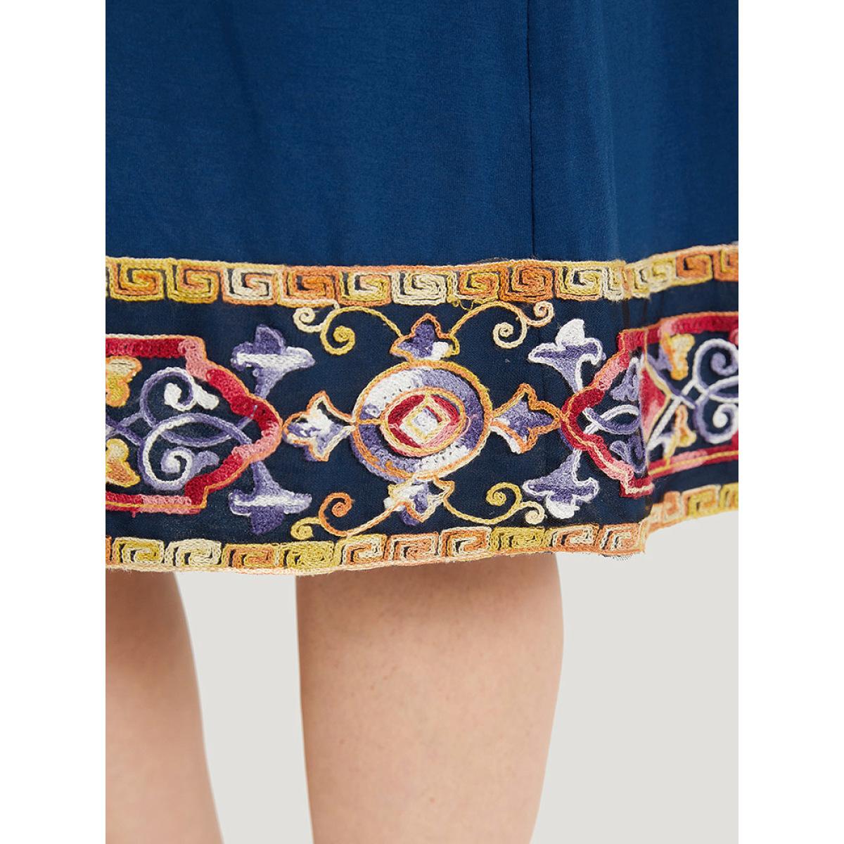 Plus Size Supersoft Essentials Embroidered Patchwork Pocket Crisscross Neck Dress DarkBlue Women Casual Plain V-neck Short sleeve Curvy Midi Dress BloomChic 14-16/1X Product Image