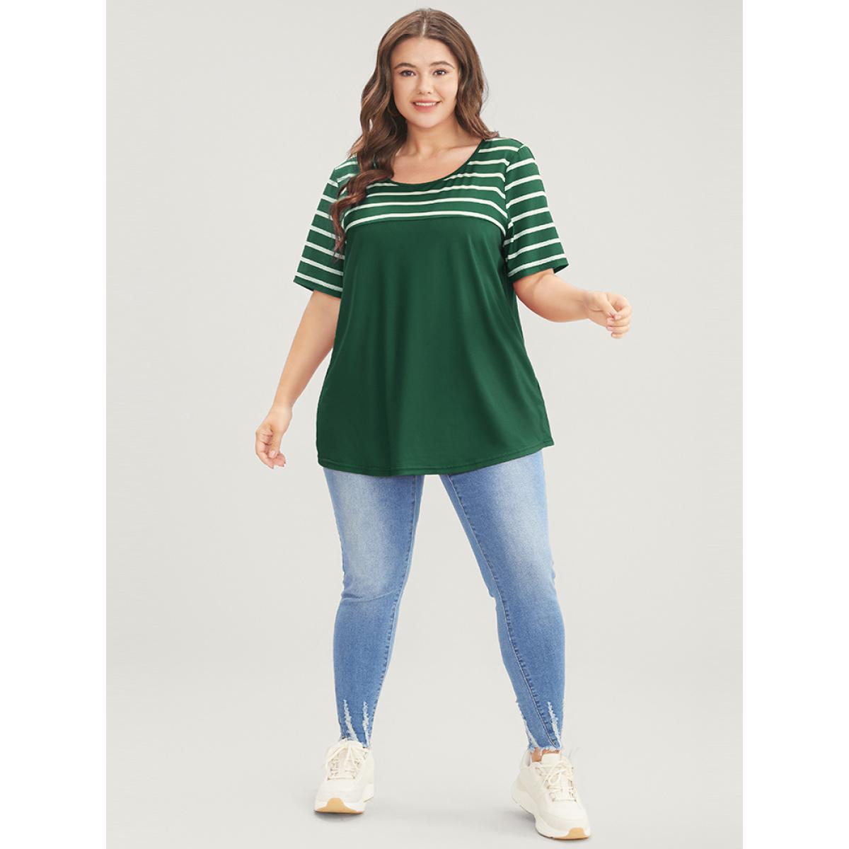 Plus Size Striped Contrast Round Neck T-shirt DarkGreen Women Casual Striped Round Neck Dailywear T-shirts BloomChic 28/5X Product Image
