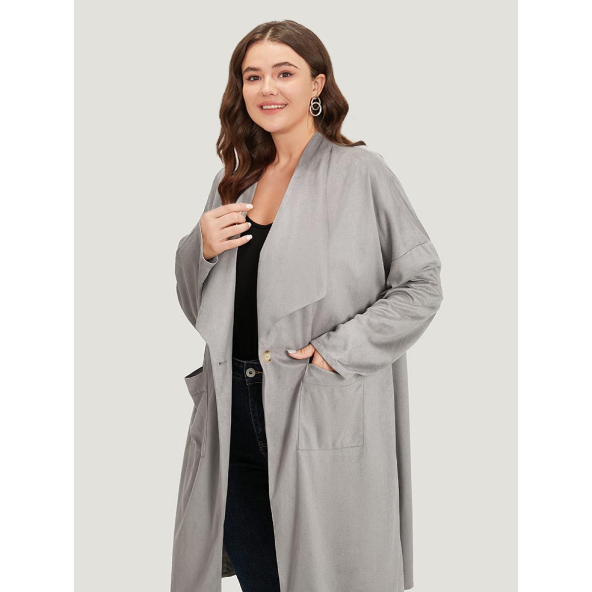 Plus Size Solid Lapel Collar Patched Pocket Faux Suede Coat Women DarkGray Casual Plain Ladies Dailywear Winter Coats BloomChic 14-16/1X Product Image