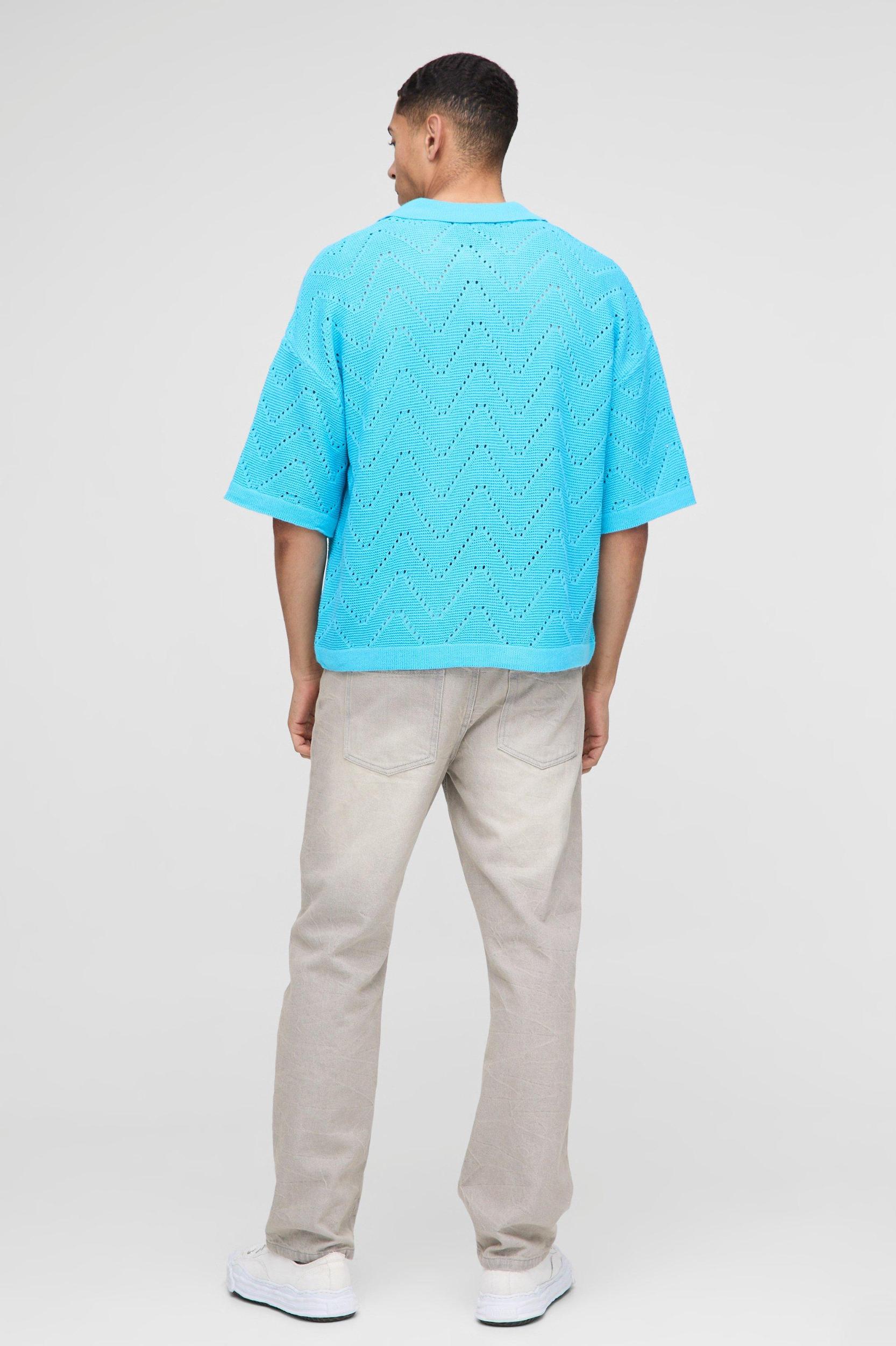 Oversized Boxy V Neck Geometric Knitted Polo | boohooMAN USA Product Image