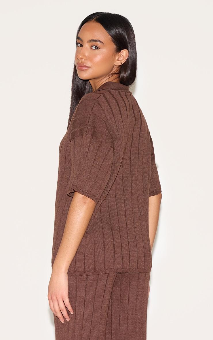 Petite Chocolate Rib Knit Oversized Polo Top Product Image