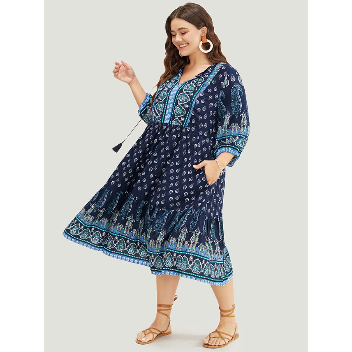 Plus Size Bandana Print Ruffles Lantern Sleeve Pocket Tassels Tie Neck Dress Indigo Women Vacation Tassels Tie Neck Elbow-length sleeve Curvy Midi Dress BloomChic 26/4X Product Image