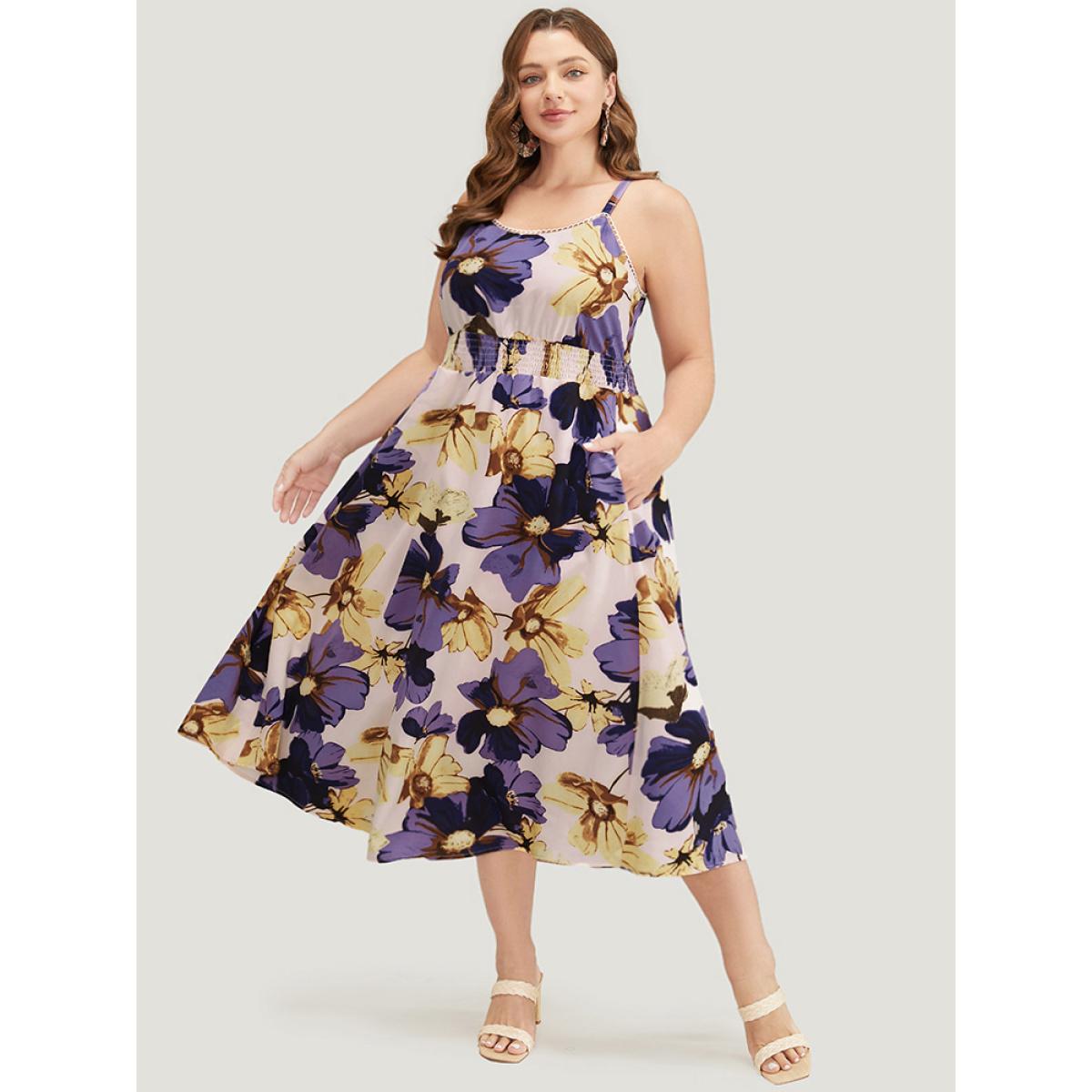 Plus Size Floral Ruffle Hem Pocket Shirred Cami Dress Mauve Women Elegant Adjustable Straps Spaghetti Strap Sleeveless Curvy Midi Dress BloomChic 14-16/1X Product Image