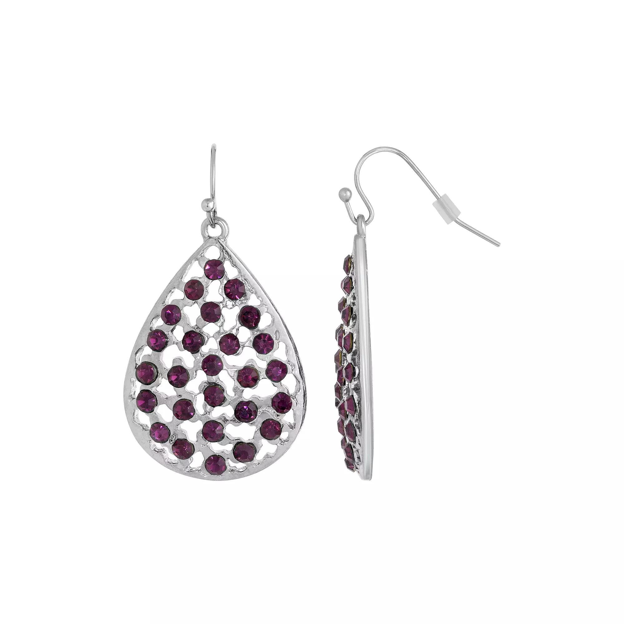 1928 Silver Tone Purple Filigree Teardrop Earrings, Womens Product Image
