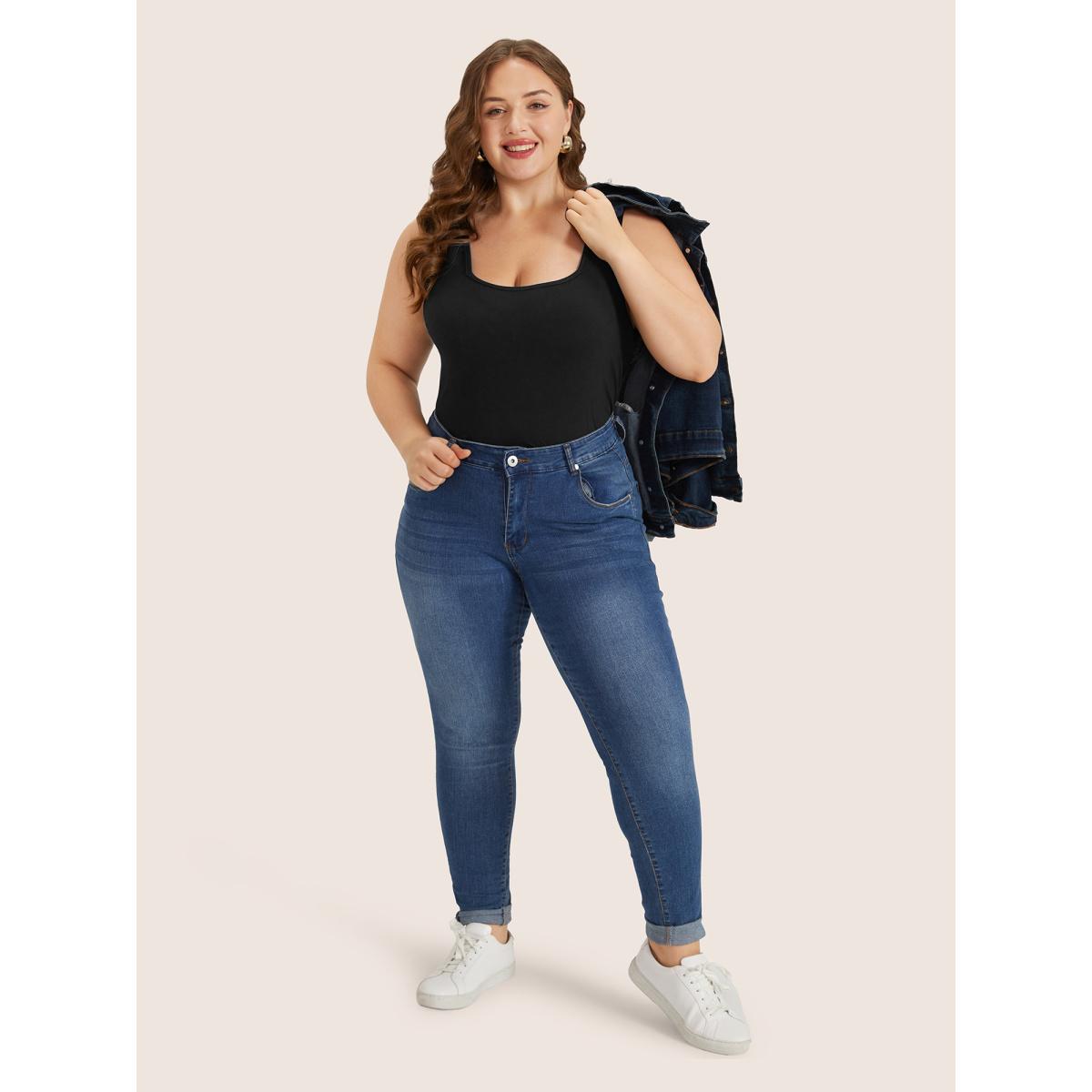 Plus Size Supersoft Essentials Plain Square Neck Skinny Tank Top Women Black Leisure Non Square Neck Casual Tank Tops Camis BloomChic 14-16/1X Product Image