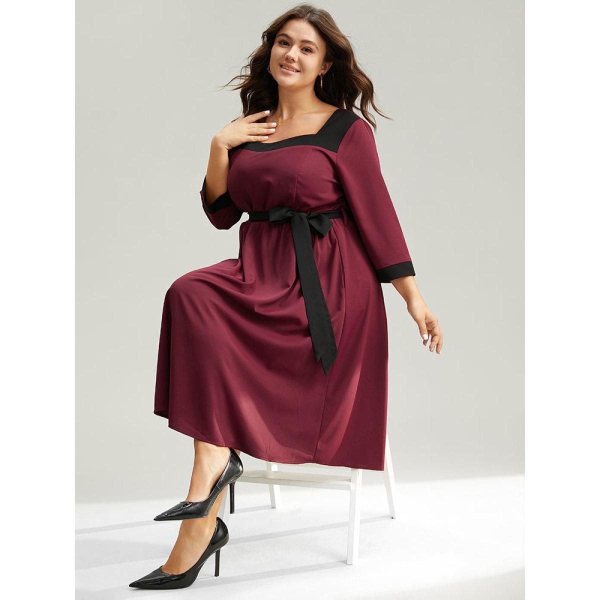Plus Size Anti-Wrinkle Two Tone Patchwork Square Neck Dress Burgundy Women Elegant Belted Square Neck Elbow-length sleeve Curvy Midi Dress BloomChic 18-20/2X Product Image