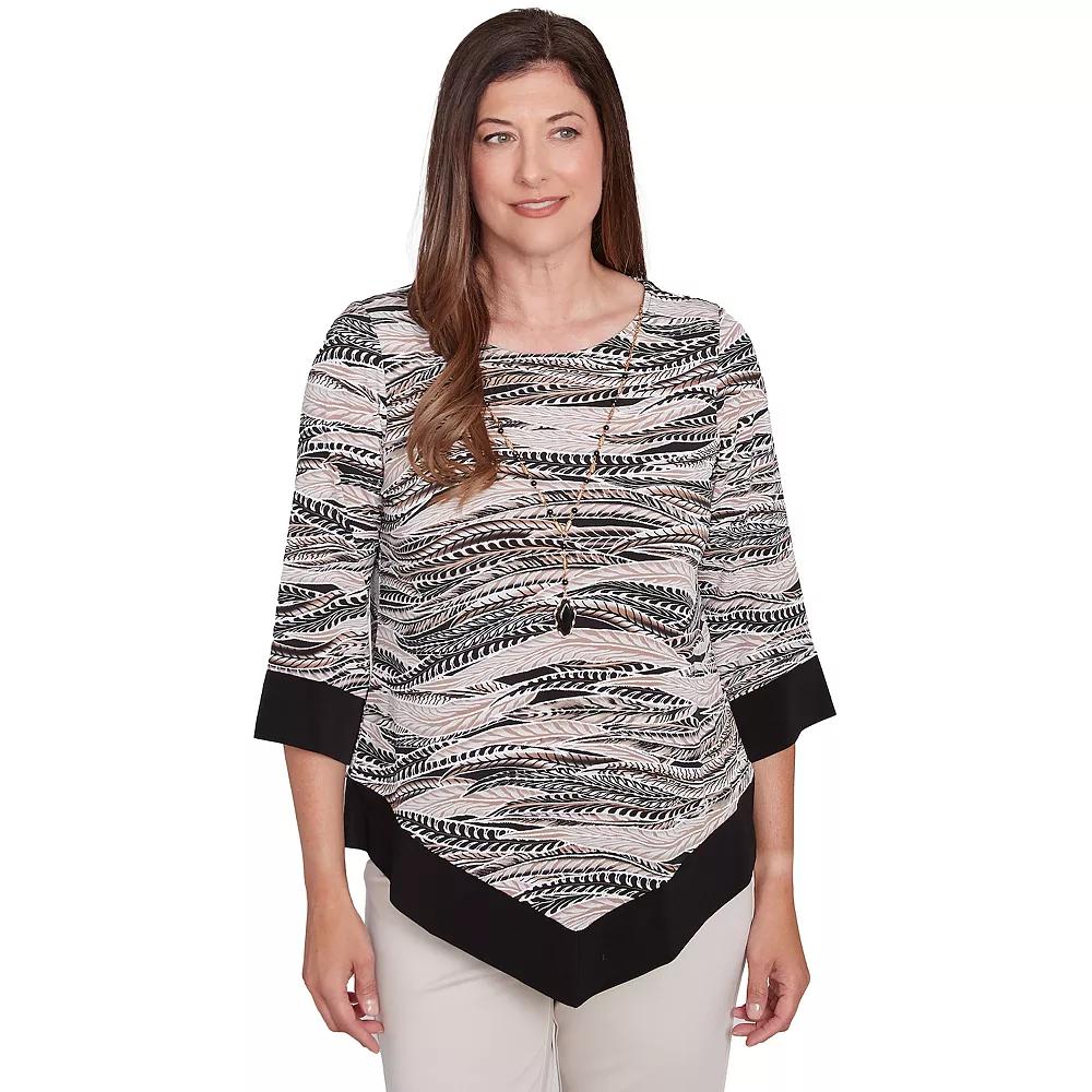 Women's Alfred Dunner Abstract Feather Solid Trim Top with Necklace, Size: Medium, Neutral Team Product Image