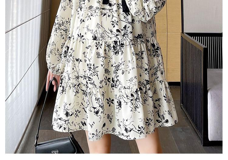 Maternity Long-Sleeve Round Neck Floral Print Tie Front Shirred Mini A-Line Dress Product Image