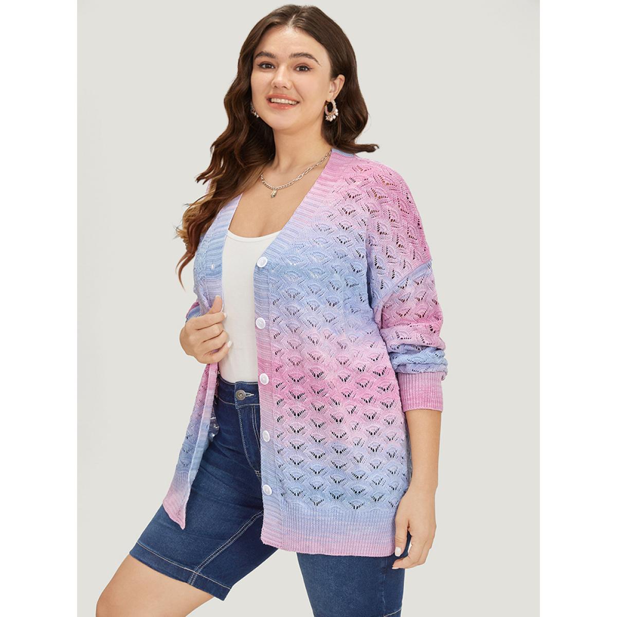 Plus Size Ombre Button Through Hollow Out Cardigan Multicolor Women Casual Loose Long Sleeve Dailywear Cardigans BloomChic 18-20/2X Product Image