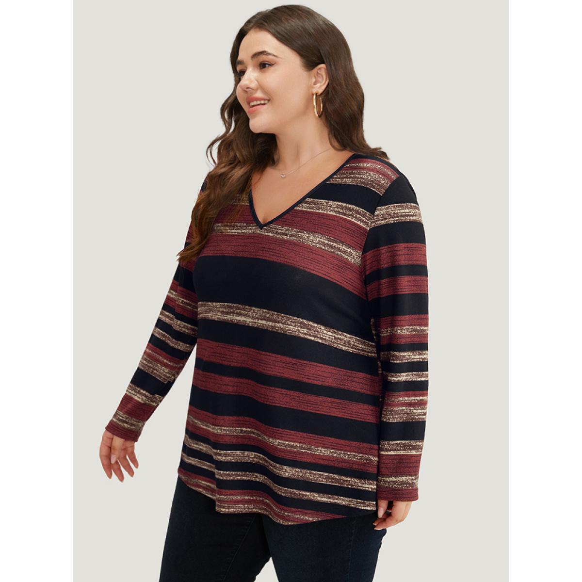 Plus Size Striped Contrast V Neck T-shirt Burgundy Women Casual Printed Striped V-neck Dailywear T-shirts BloomChic 18-20/2X Product Image