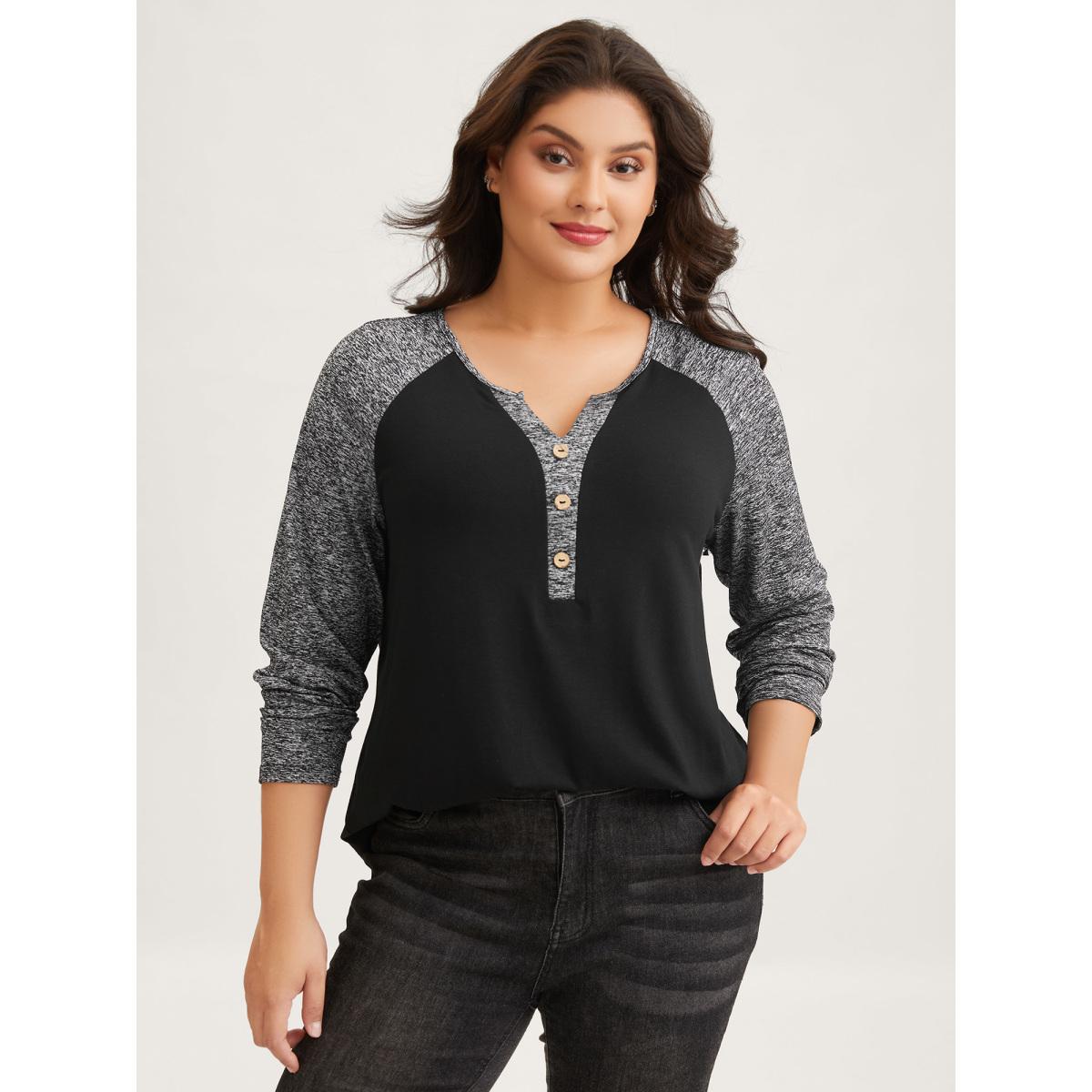Plus Size Heather Patchwork Button Detail Stretchy T-Shirt Black Women Casual Contrast Flat collar with V-notch Everyday T-shirts BloomChic 22-24/3X Product Image