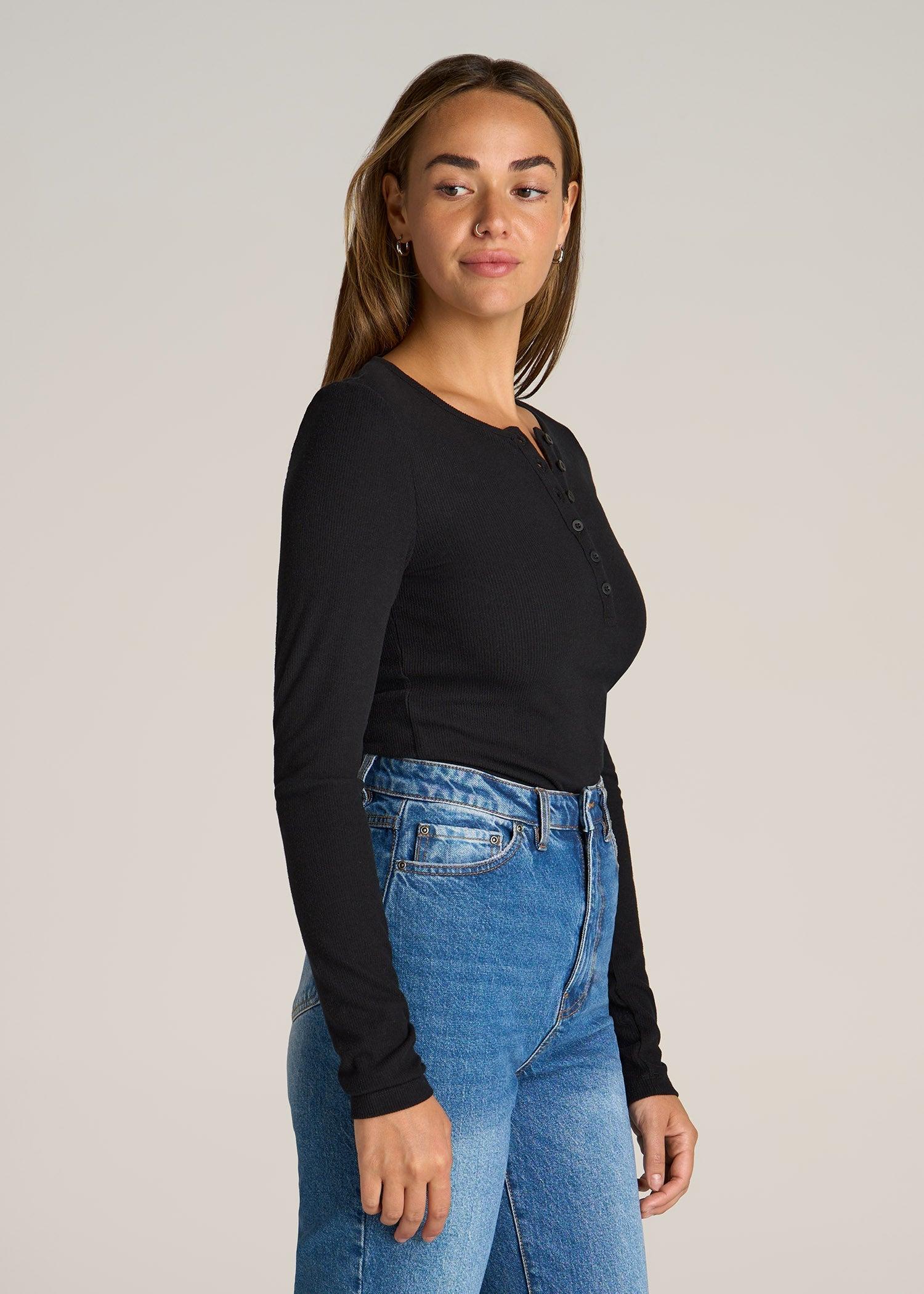Long Sleeve Ribbed Crewneck Henley Shirt for Tall Women in Black Female Product Image
