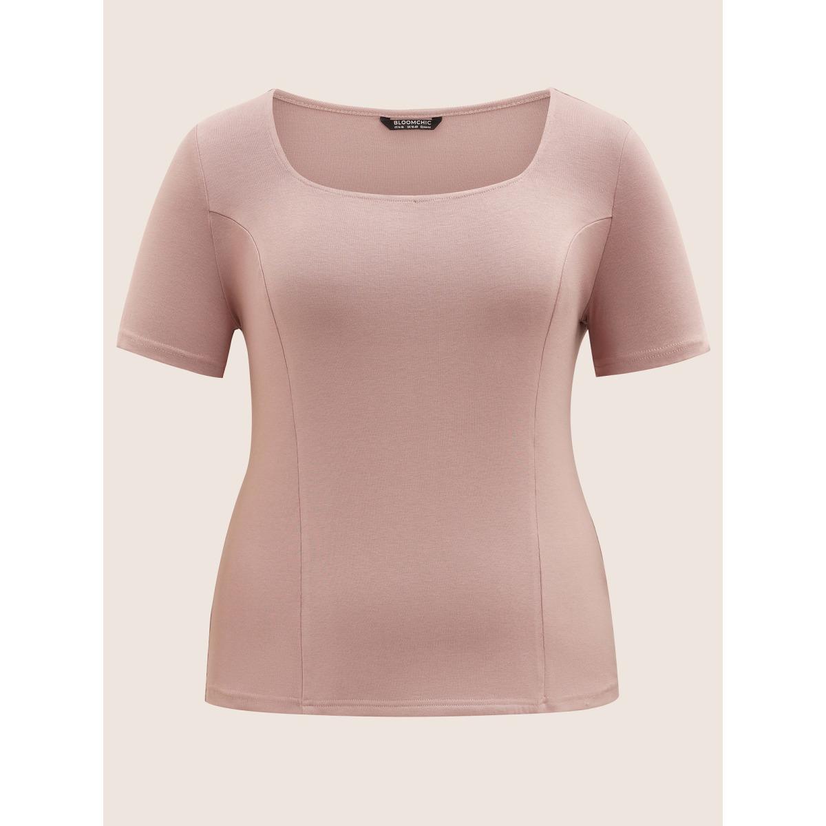 Plus Size Square Neck Solid Rib Knit T-shirt Dirtypink Women Casual Non Square Neck Bodycon Everyday T-shirts BloomChic 14-16/1X Product Image