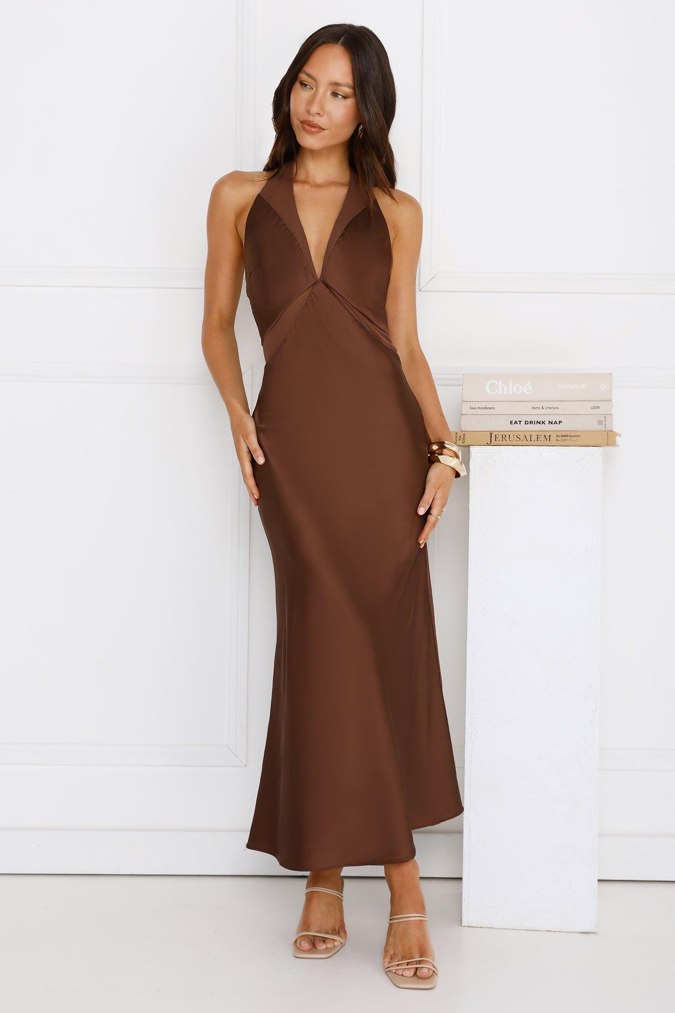 Nocturnal Bloom Satin Halter Maxi Dress Brown Product Image