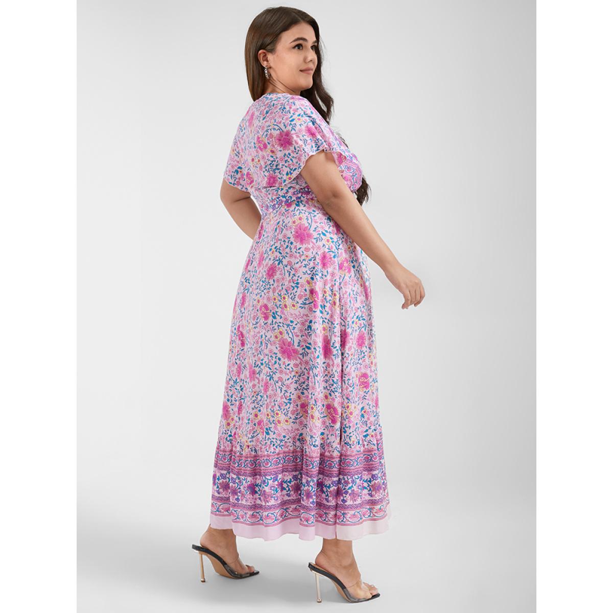 Boho Elegant Flutter Plus Size Women Midi Dress Vacation Bohemian Print Ties Bodycon Ruffle Sleeve Short Sleeve V Neck Belt Dailywear Long Dress BloomChic Product Image