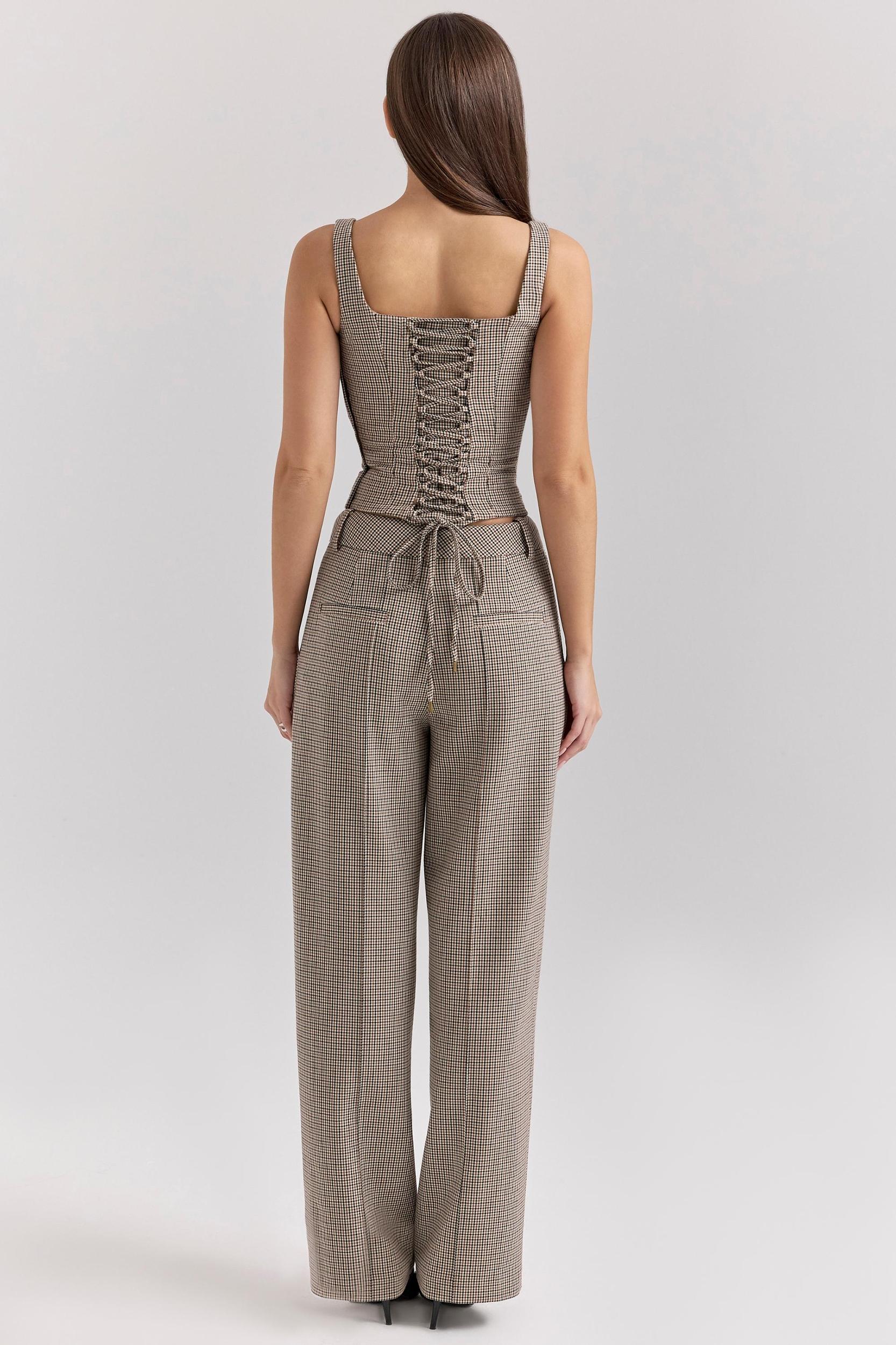 Hayden  brown puppytooth wide leg high waist tailored trousers Product Image