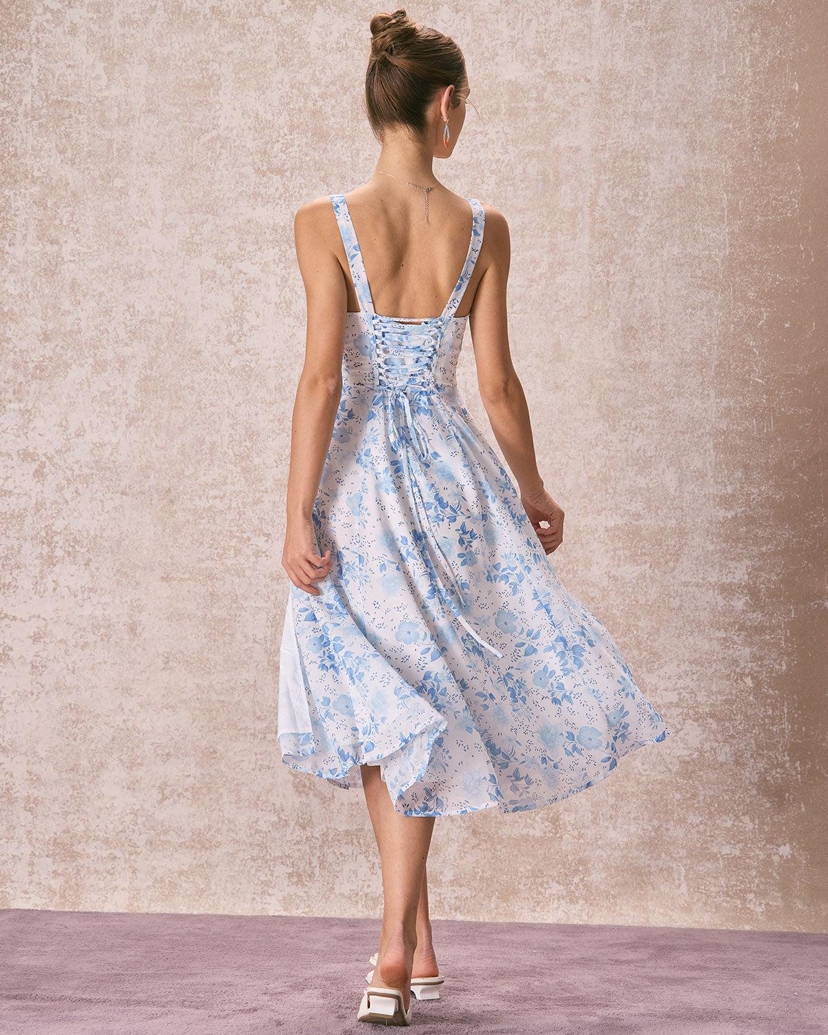 The Blue Square Neck Floral Ruched Midi Dress Product Image