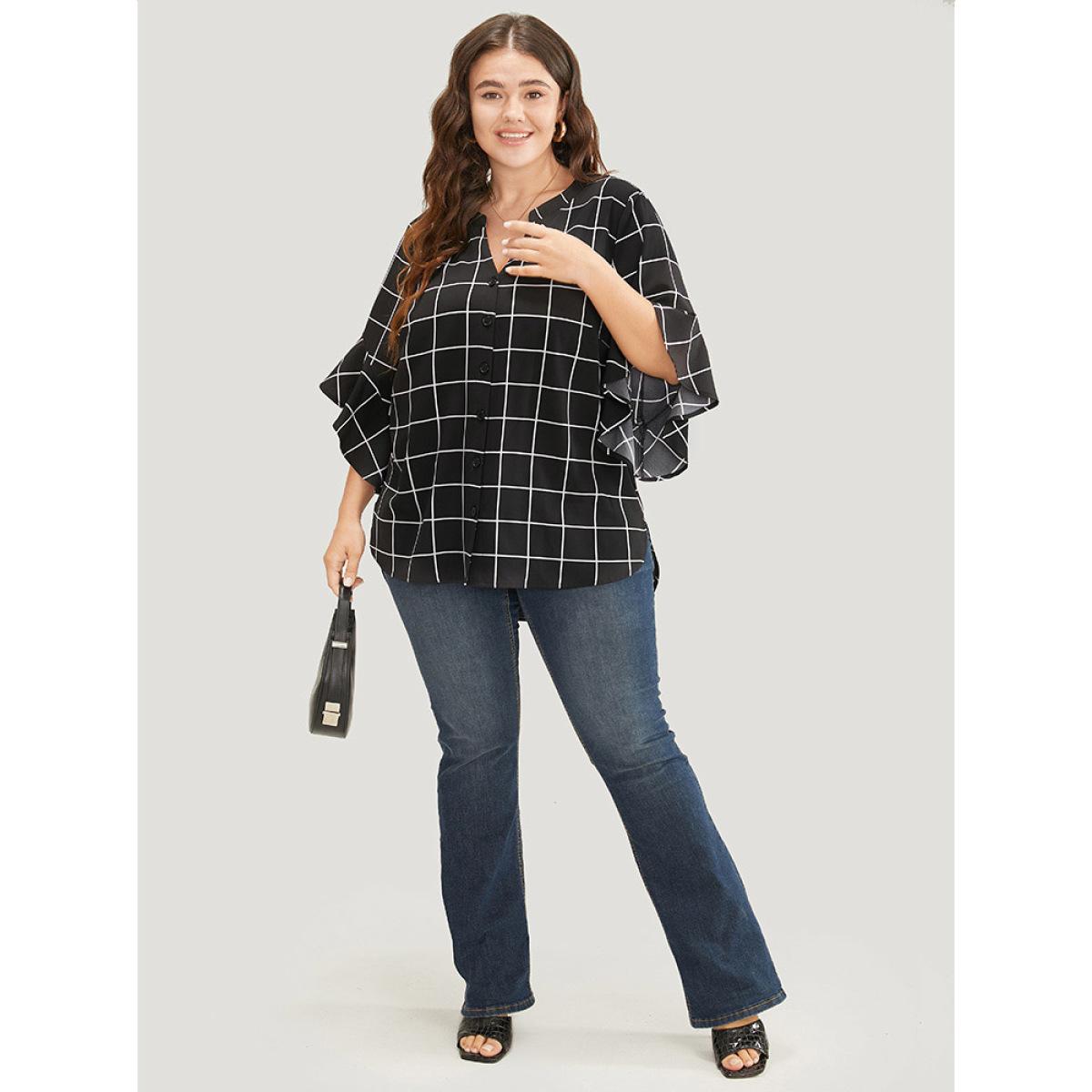 Plus Size Black Plaid Notched Button Up Ruffle Sleeve Split Hem Blouse Women Office Elbow-length sleeve Notched collar Work Blouses BloomChic 28/5X Product Image