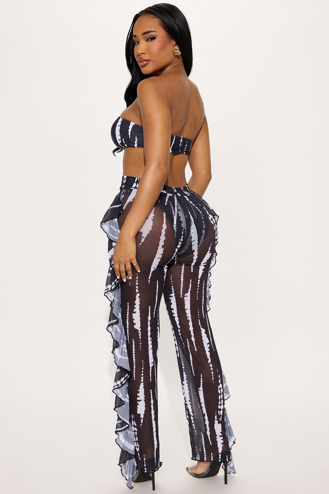 Aubriella Bandeau Ruffle Pants 3 Piece Bikini Set - Black/White Product Image