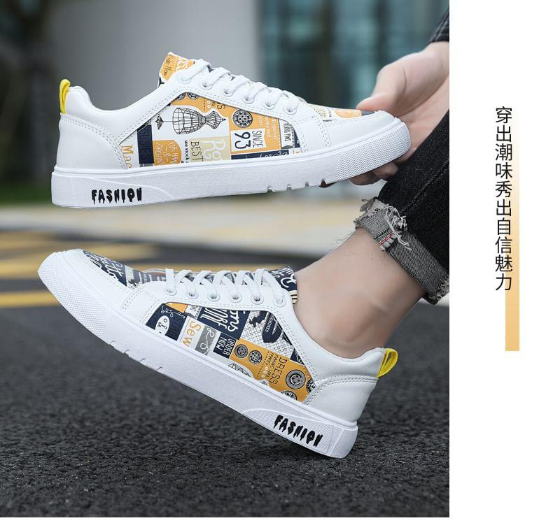 Lettering Print Lace-Up Faux Leather Sneakers Product Image