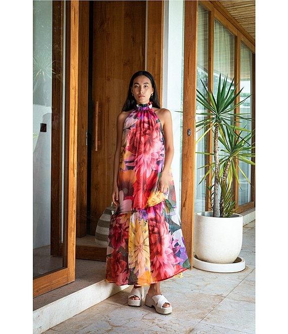 COREY LYNN CALTER Avalon Floral Organza Halter Neck A-Line Ruffle Hem Sleeveless Midi Dress Product Image