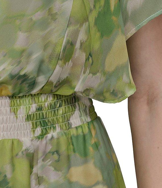 DKNY by Donna Karan Petite Size V-Neck Short Flutter Sleeve Smocked A-Line Midi Dress Product Image