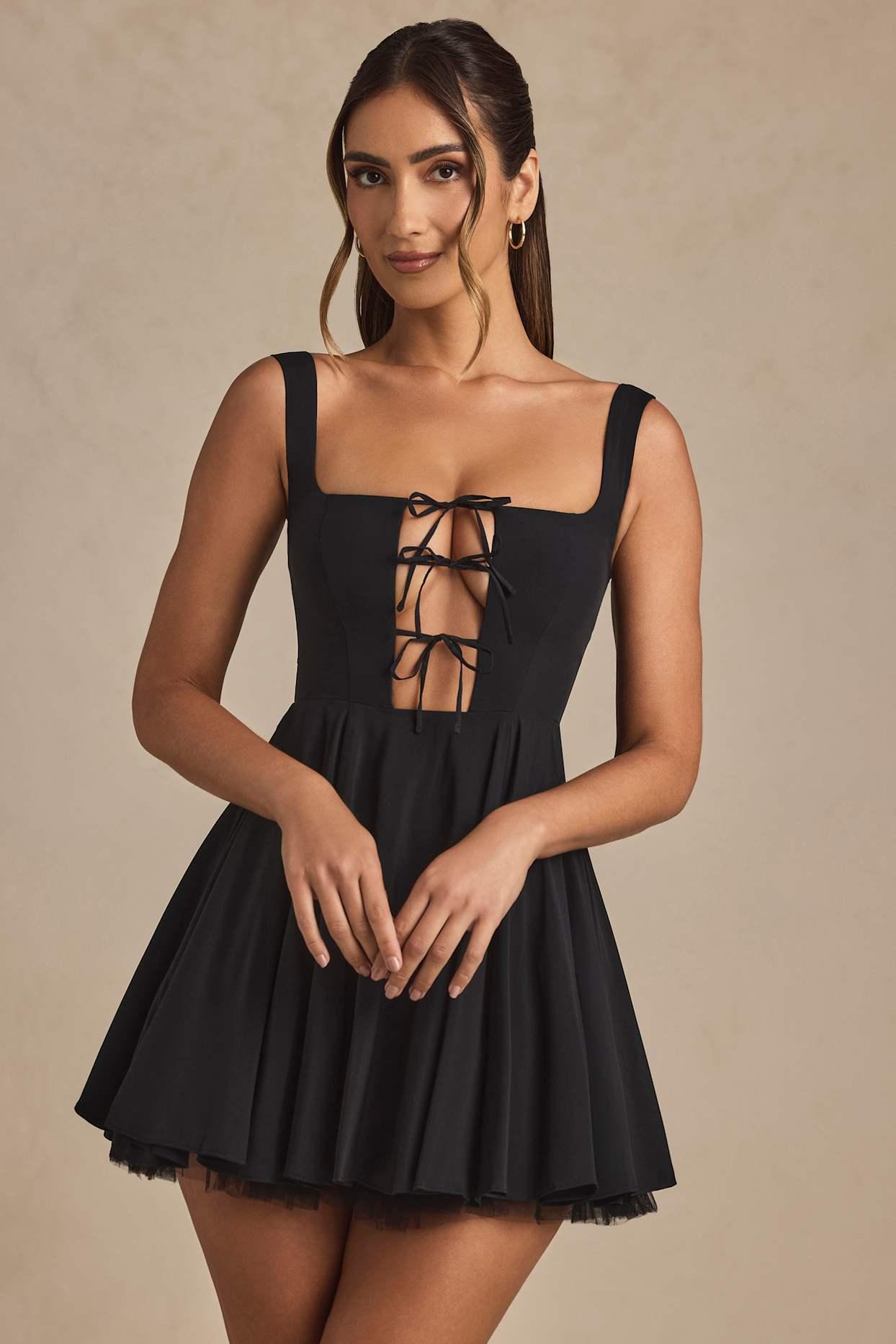 Tie-Detail A-Line Micro Mini Dress in Black Product Image