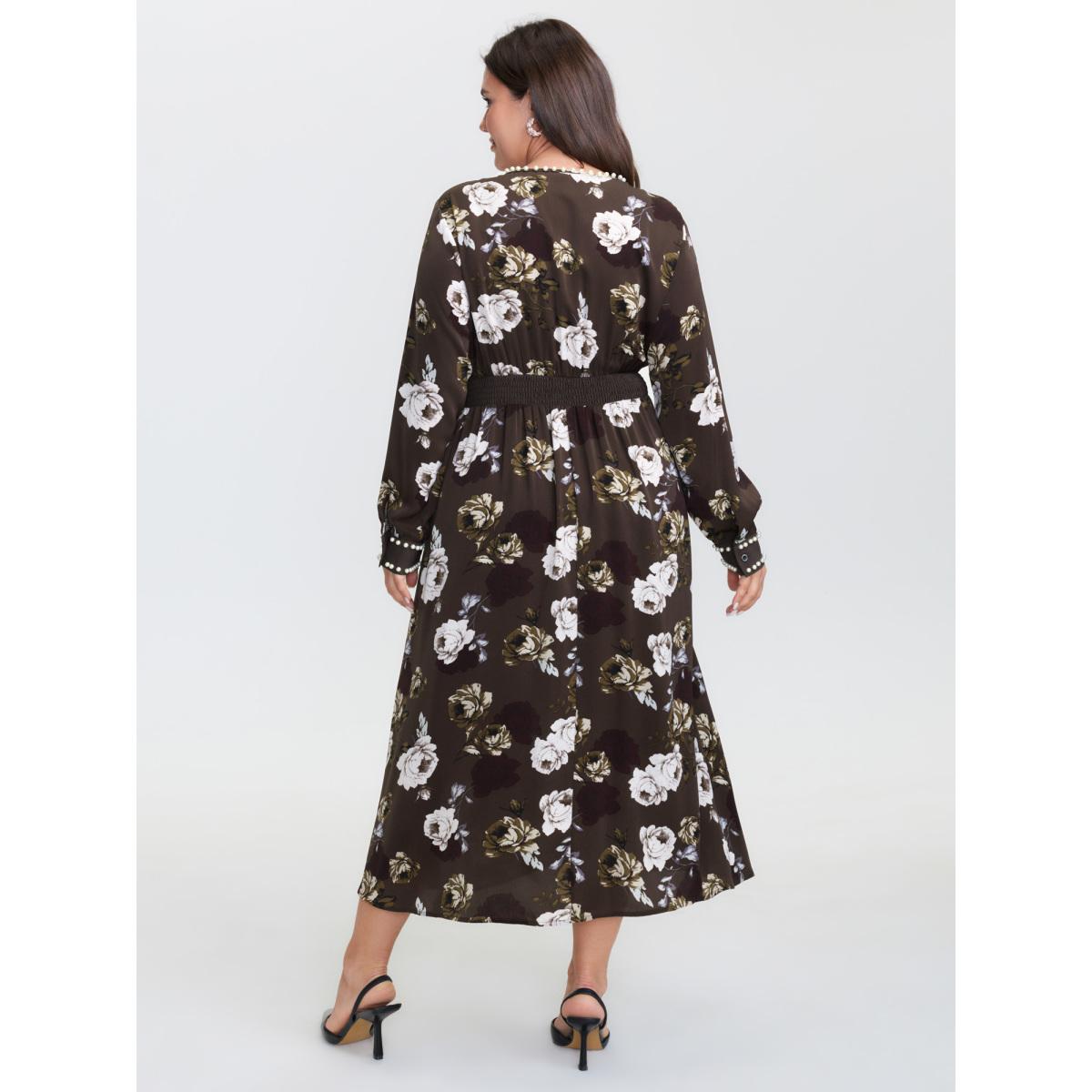 Plus Size Rosy Print Pearl Detail Cinched-Waist Midi Dress DarkBrown Women Timeless Overlapping Overlap Collar Long Sleeve Curvy BloomChic 28/5X Product Image