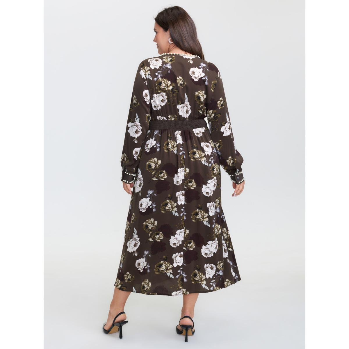 Plus Size Rosy Print Pearl Detail Cinched-Waist Midi Dress DarkBrown Women Timeless Overlapping Overlap Collar Long Sleeve Curvy BloomChic 28/5X Product Image